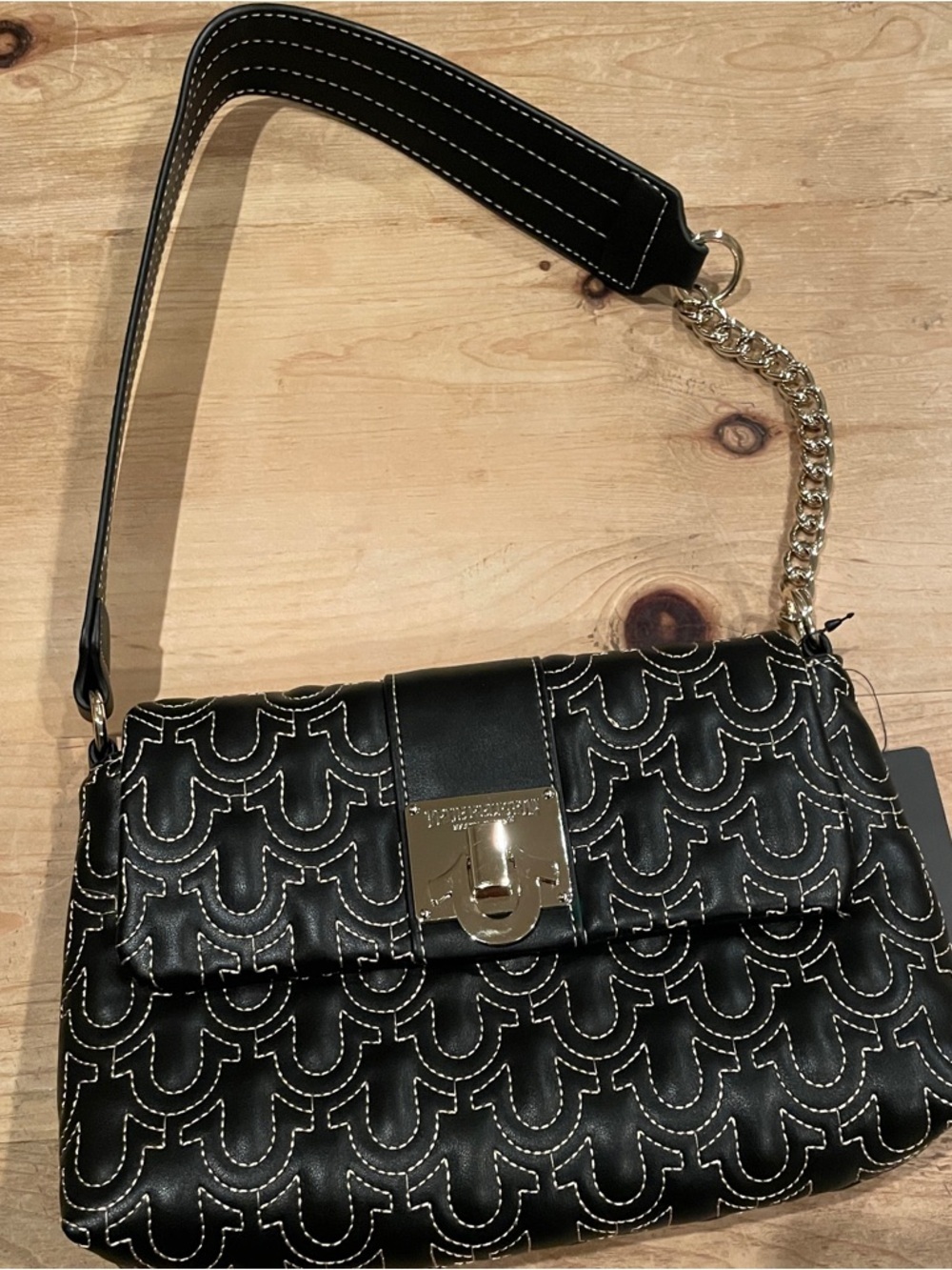 NWT True Religion Black Quilted Shoulder Bag with Gold Chain Western Horseshoe